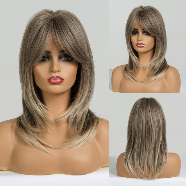 ombre Blonde Wigs for Women,ShoulderLength wig with Bangs Synthetic Hair Layered Wigs Heat Resistant Fibre for Daily Party Use