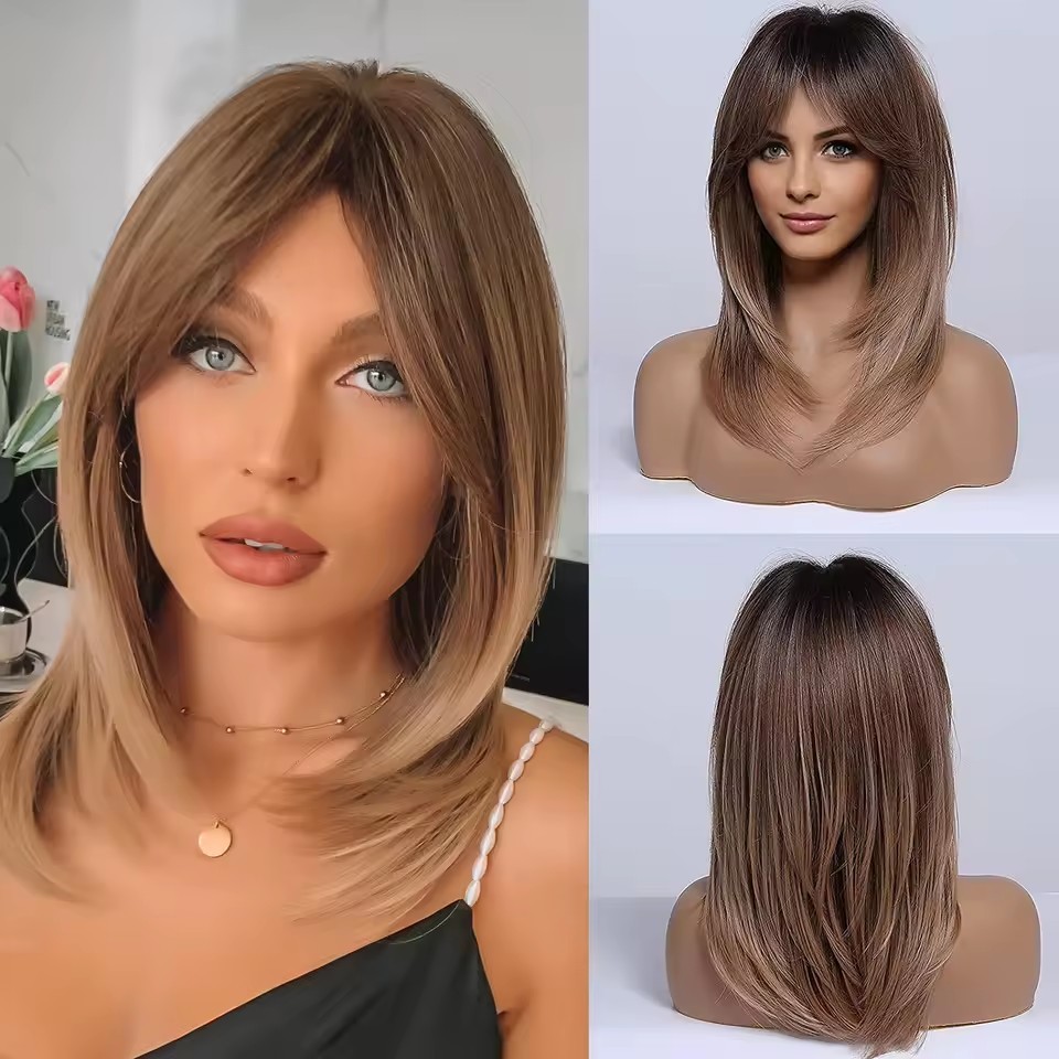 ombre Blonde Wigs for Women,ShoulderLength wig with Bangs Synthetic Hair Layered Wigs Heat Resistant Fibre for Daily Party Use
