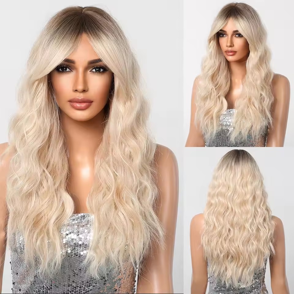 Long Wavy Synthetic Wigs with Bangs  for Women Natural  Black Cosplay Wigs  Body Wave Heat Resistant Wig