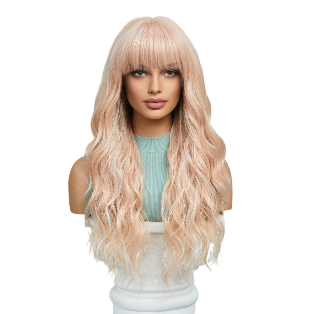 long Wave Blonde Synthetic  Wig with Bangs Women Heat Resistant Synthetic Wigs Non lace Natural Looking Wigs