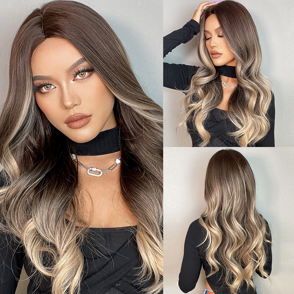 Black Long Natural  Wavy Synthetic Wigs for Women Natural wave Hair Wigs Middle Part Heat Resistant Fiber Daily Use