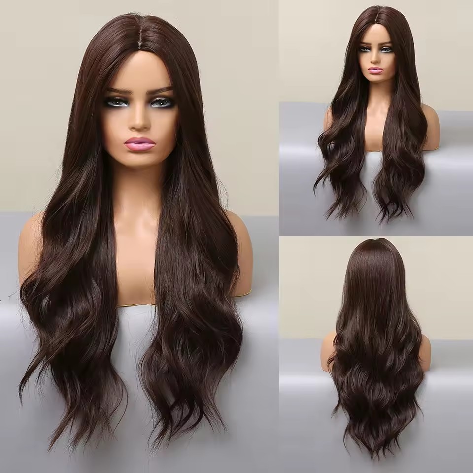 Black Long Natural  Wavy Synthetic Wigs for Women Natural wave Hair Wigs Middle Part Heat Resistant Fiber Daily Use