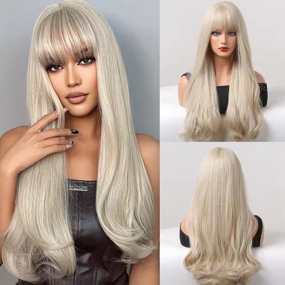 Copper Ginger Long Wavy Synthetic Wigs Red Yellow Wig with Bangs for Women Natural Cosplay Body Wave Heat Resistant Wig