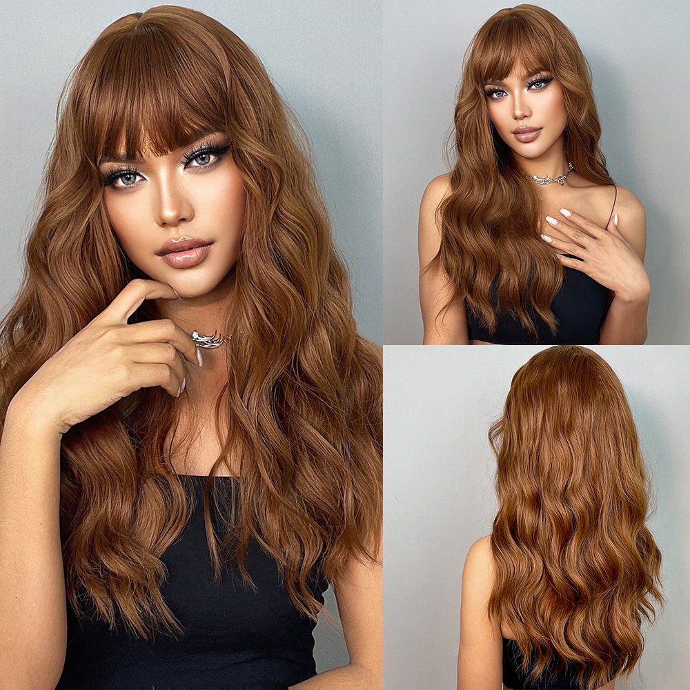 Copper Ginger Long Wavy Synthetic Wigs Red Yellow Wig with Bangs for Women Natural Cosplay Body Wave Heat Resistant Wig