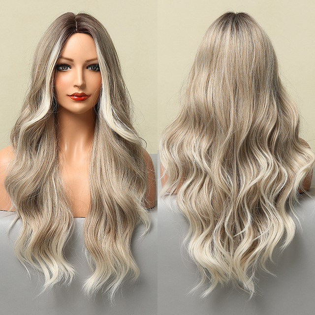Long Body Wave Synthetic  Wigs for Women Brown Ombre to Blonde T Part  synthetic Wig Colored Highlight Hair