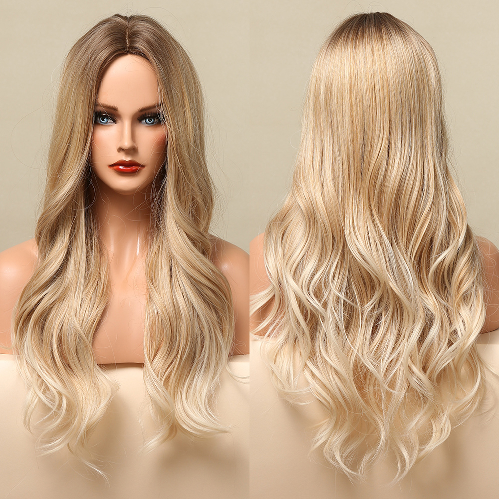 Long Body Wave Synthetic  Wigs for Women Brown Ombre to Blonde T Part  synthetic Wig Colored Highlight Hair