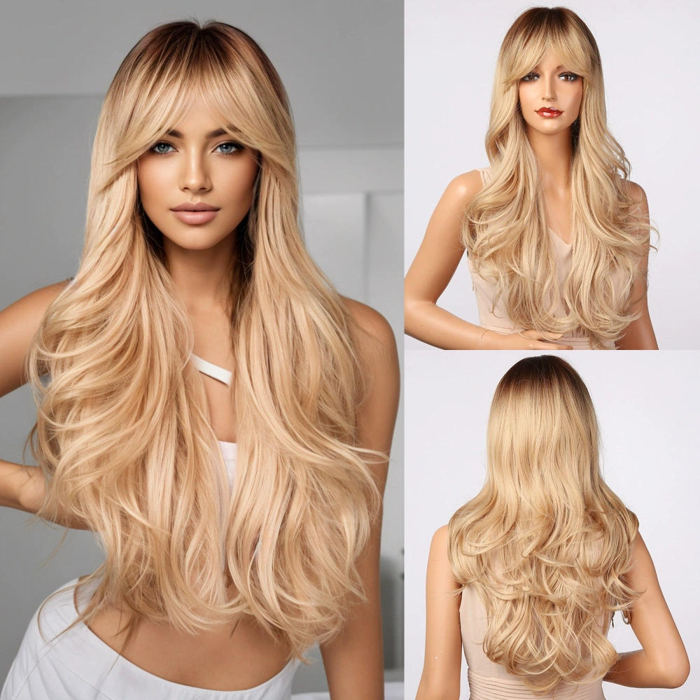 Copper Ginger Long Wavy Synthetic Wigs Red Yellow Wig with Bangs for Women Natural Cosplay Body Wave Heat Resistant Wig