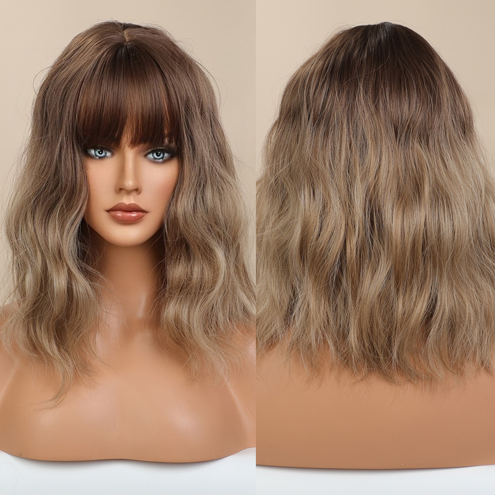 Short Bob Blonde Synthetic Wigs with Bangs Machine Made Medium Water Wave Natural Bob Daily Wigs for Women