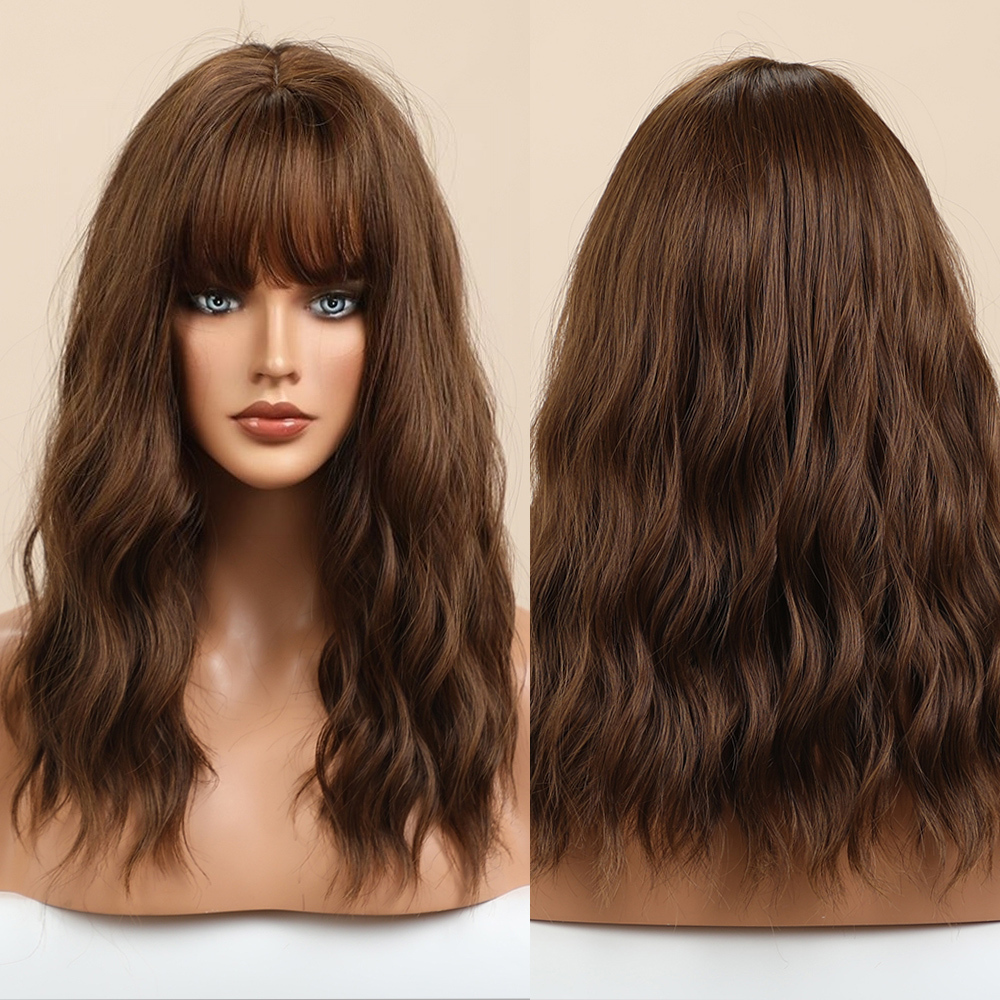 14 inch Short Wave  Brown Bob Wigs With Fringe Shoulder Length  Curly Wavy Synthetic Cosplay Wigs for Women