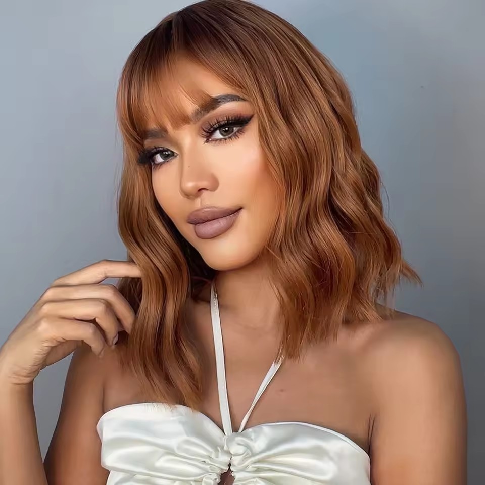 ed Copper Ginger Synthetic Wigs with Bangs Medium Water Wave Natural Bob Daily Hair Wigs for Women H