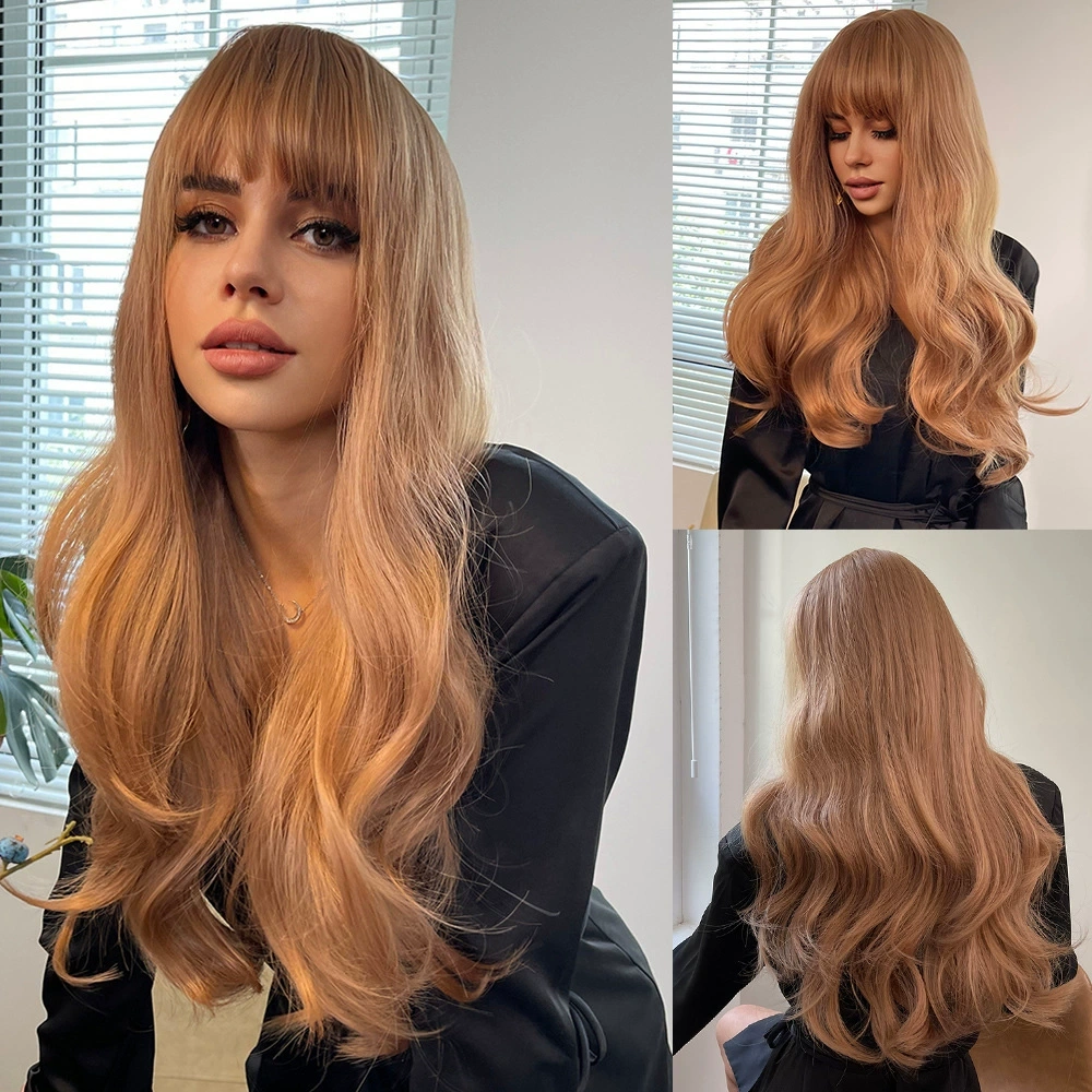 Copper Ginger Long Wavy Synthetic Wigs Red Yellow Wig with Bangs for Women Natural Cosplay Body Wave Heat Resistant Wig