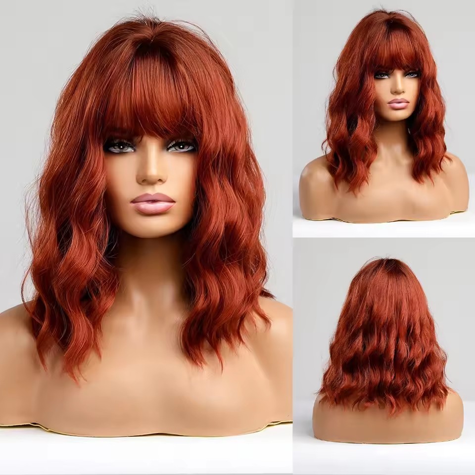 red Copper Ginger Synthetic Wigs with Bangs Medium Water Wave Natural Bob Daily Hair Wigs for Women H