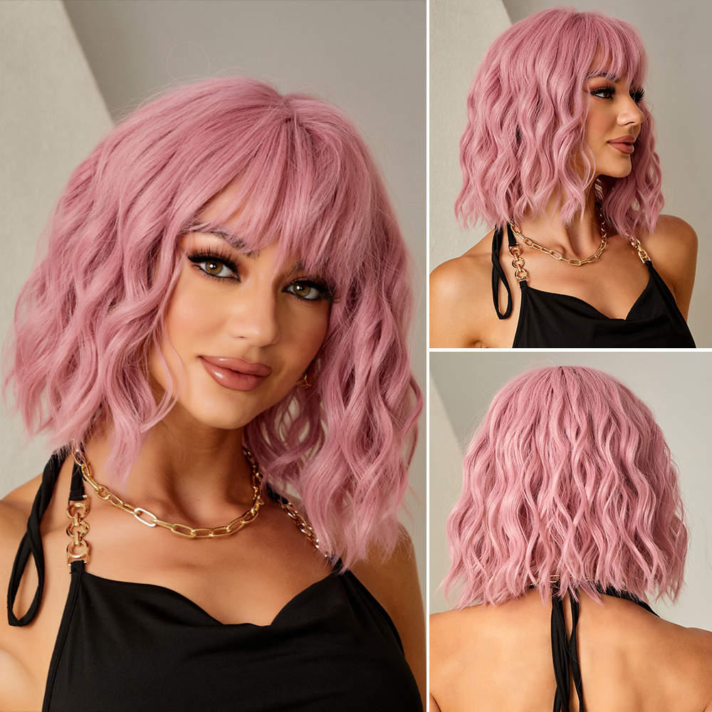 14 inch Short Wave  Brown Bob Wigs With Fringe Shoulder Length  Curly Wavy Synthetic Cosplay Wigs for Women
