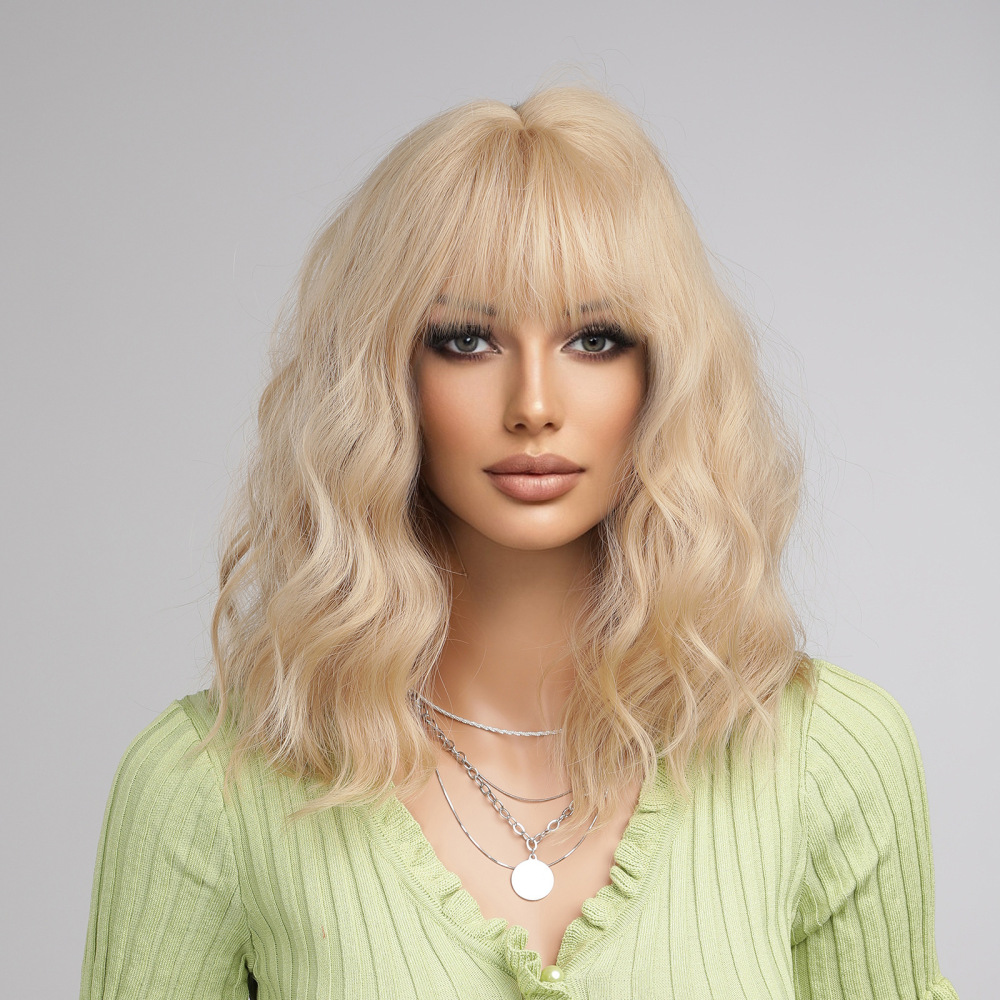 14 inch Short Wave  Brown Bob Wigs With Fringe Shoulder Length  Curly Wavy Synthetic Cosplay Wigs for Women