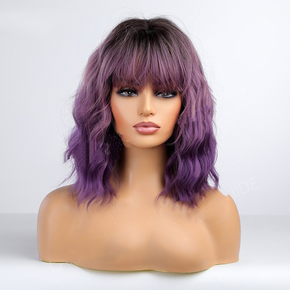 14 inch Short Wave  Brown Bob Wigs With Fringe Shoulder Length  Curly Wavy Synthetic Cosplay Wigs for Women