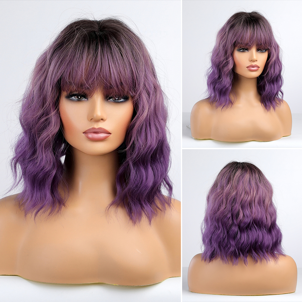 Short Bob Blonde Synthetic Wigs with Bangs Machine Made Medium Water Wave Natural Bob Daily Wigs for Women
