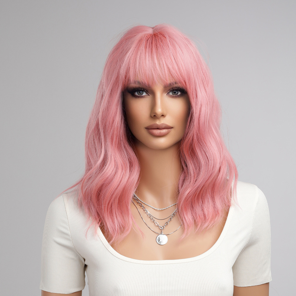 14 inch Short Wave  Brown Bob Wigs With Fringe Shoulder Length  Curly Wavy Synthetic Cosplay Wigs for Women