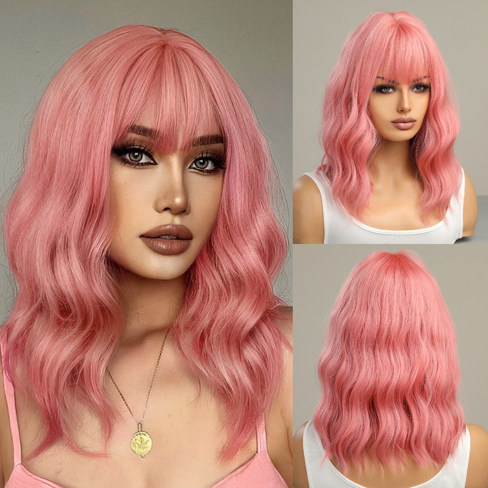 Short Bob Blonde Synthetic Wigs with Bangs Machine Made Medium Water Wave Natural Bob Daily Wigs for Women