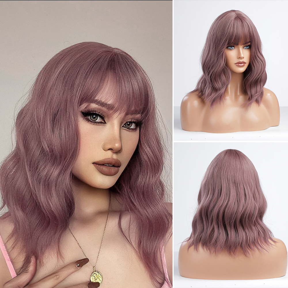 14 inch Short Wave  Brown Bob Wigs With Fringe Shoulder Length  Curly Wavy Synthetic Cosplay Wigs for Women