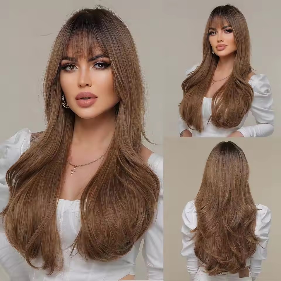 Copper Ginger Long Wavy Synthetic Wigs Red Yellow Wig with Bangs for Women Natural Cosplay Body Wave Heat Resistant Wig