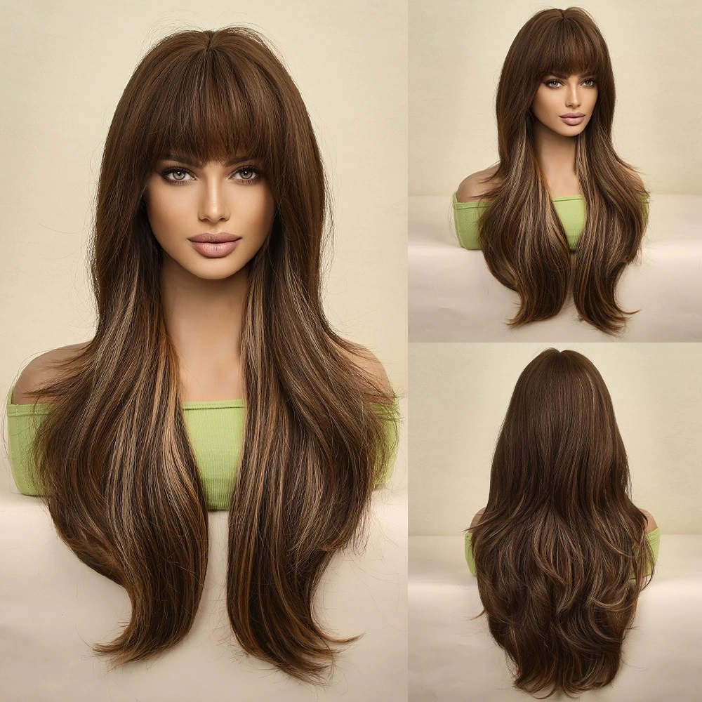 Copper Ginger Long Wavy Synthetic Wigs Red Yellow Wig with Bangs for Women Natural Cosplay Body Wave Heat Resistant Wig