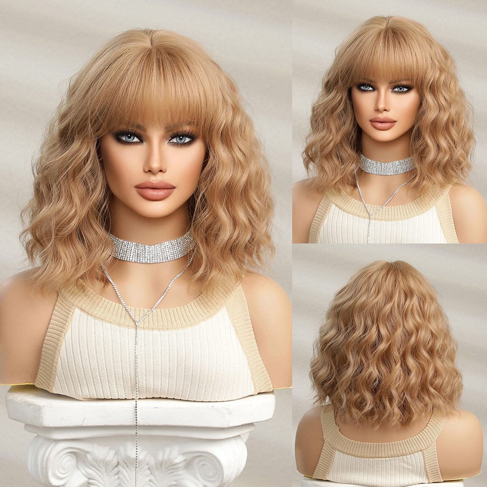 14 inch Short Wave  Brown Bob Wigs With Fringe Shoulder Length  Curly Wavy Synthetic Cosplay Wigs for Women