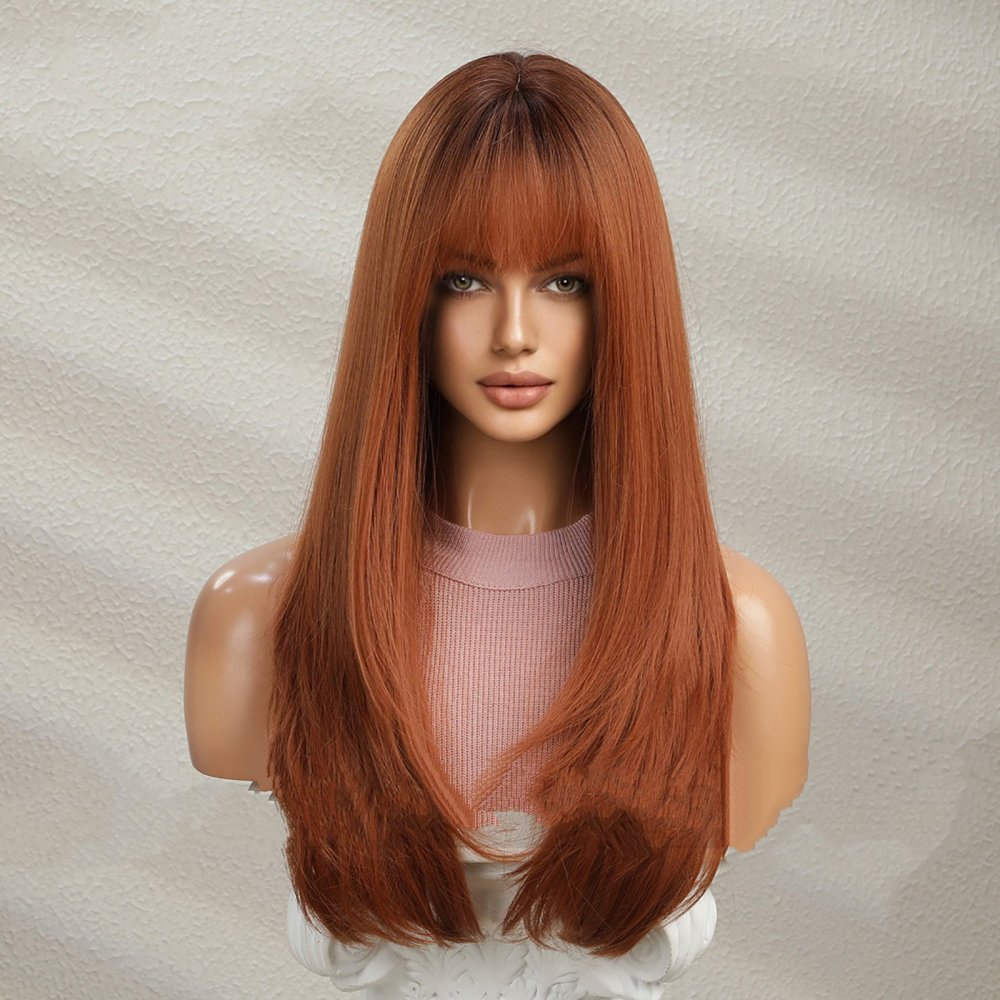 long Straight Synthetic Wig with Bangs Ombre Brown  Blonde Women Hair Wigs with Bangs for Cosplay Party Daily Heat Resistant