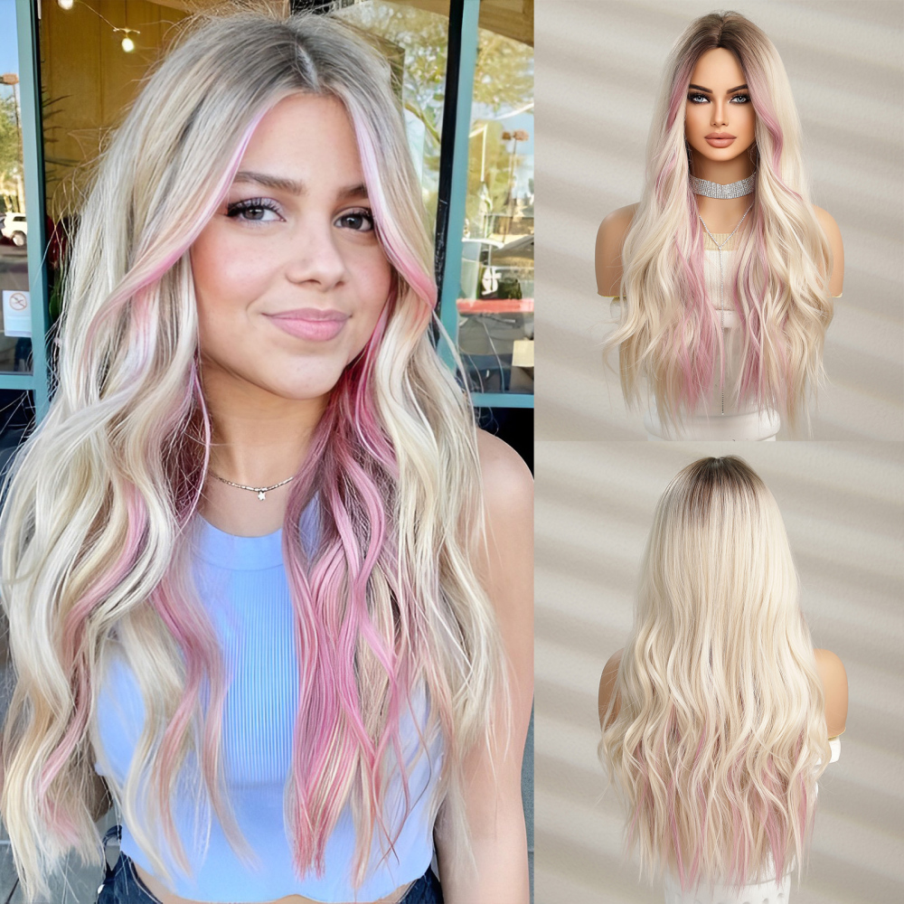 Long Highlight  Natural Wave Synthetic  Wigs Blonde Black Pink Synthetic Wigs Suitable for Women's Daily Party