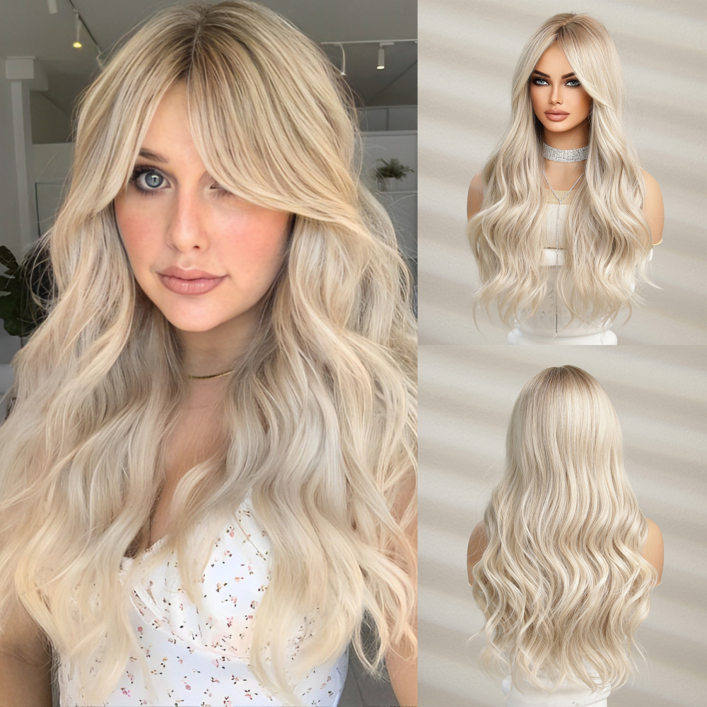 Long Body Wave Synthetic  Wigs for Women Brown Ombre to Blonde T Part  synthetic Wig Colored Highlight Hair