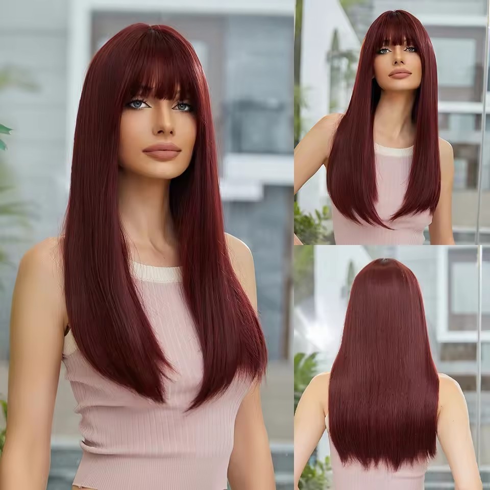 long Straight Synthetic Wig with Bangs Ombre Brown  Blonde Women Hair Wigs with Bangs for Cosplay Party Daily Heat Resistant