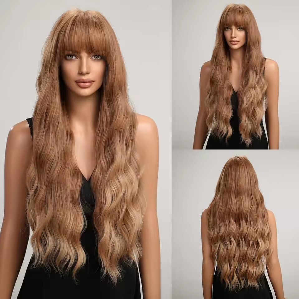 Copper Ginger Long Wavy Synthetic Wigs Red Yellow Wig with Bangs for Women Natural Cosplay Body Wave Heat Resistant Wig