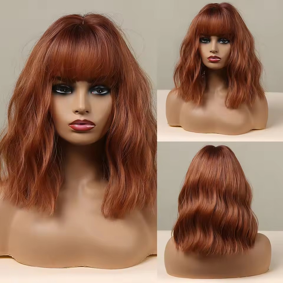 ed Copper Ginger Synthetic Wigs with Bangs Medium Water Wave Natural Bob Daily Hair Wigs for Women H