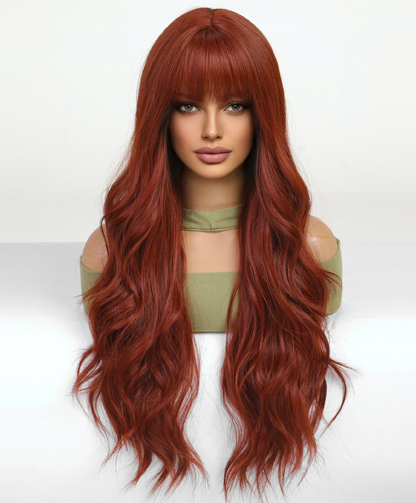 Copper Ginger Long Wavy Synthetic Wigs Red Yellow Wig with Bangs for Women Natural Cosplay Body Wave Heat Resistant Wig