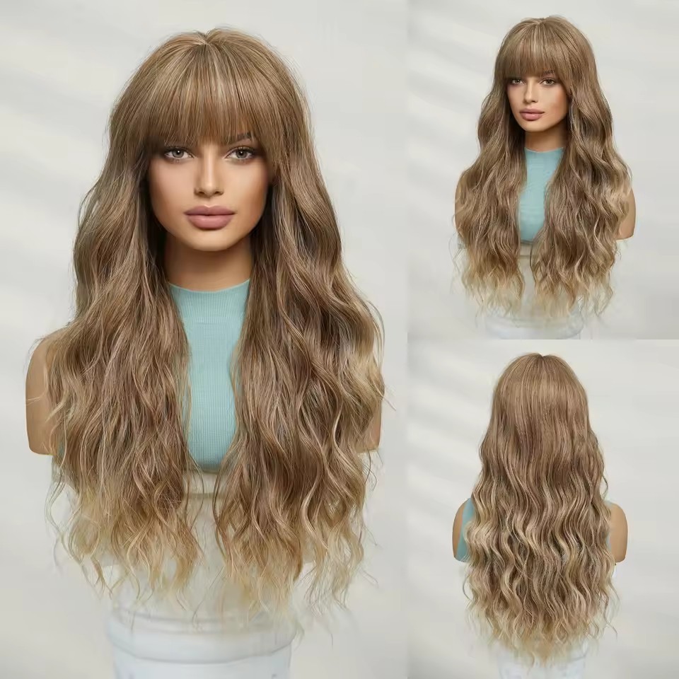 long Wave Blonde Synthetic  Wig with Bangs Women Heat Resistant Synthetic Wigs Non lace Natural Looking Wigs