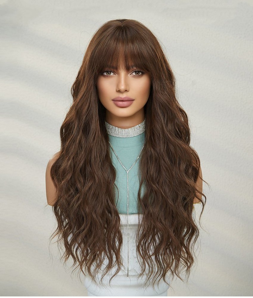 long Wave Blonde Synthetic  Wig with Bangs Women Heat Resistant Synthetic Wigs Non lace Natural Looking Wigs
