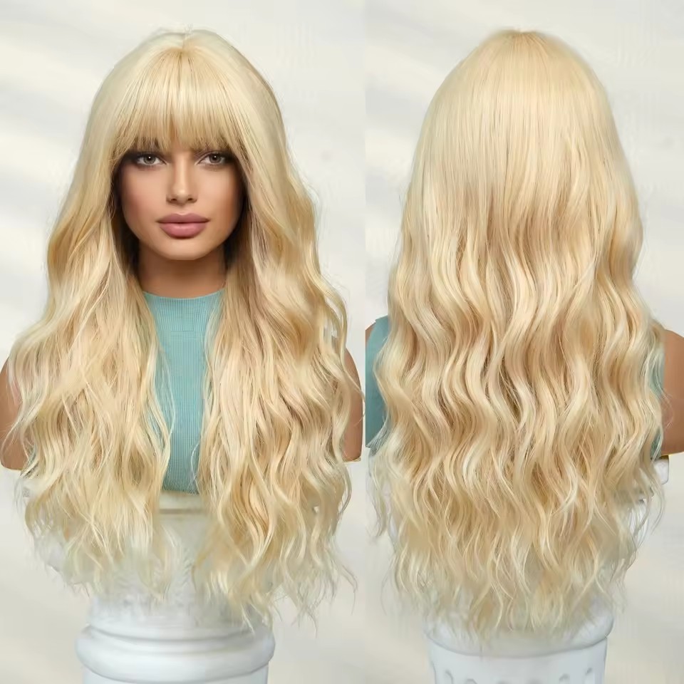 long Wave Blonde Synthetic  Wig with Bangs Women Heat Resistant Synthetic Wigs Non lace Natural Looking Wigs