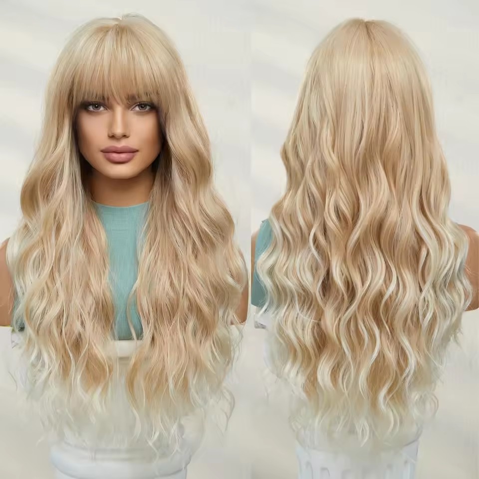 long Wave Blonde Synthetic  Wig with Bangs Women Heat Resistant Synthetic Wigs Non lace Natural Looking Wigs