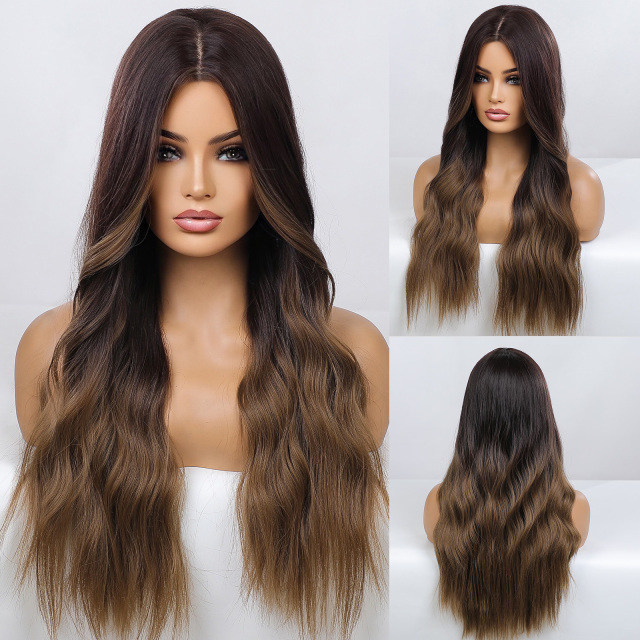 24 Inches Long Wavy Black Brown Wigs Cosplay  Party Wig for Black Women  High Temperature Fiber Synthetic Hair Wigs