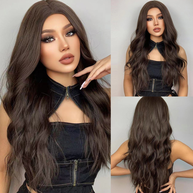 24 Inches Long Wavy Black Brown Wigs Cosplay  Party Wig for Black Women  High Temperature Fiber Synthetic Hair Wigs