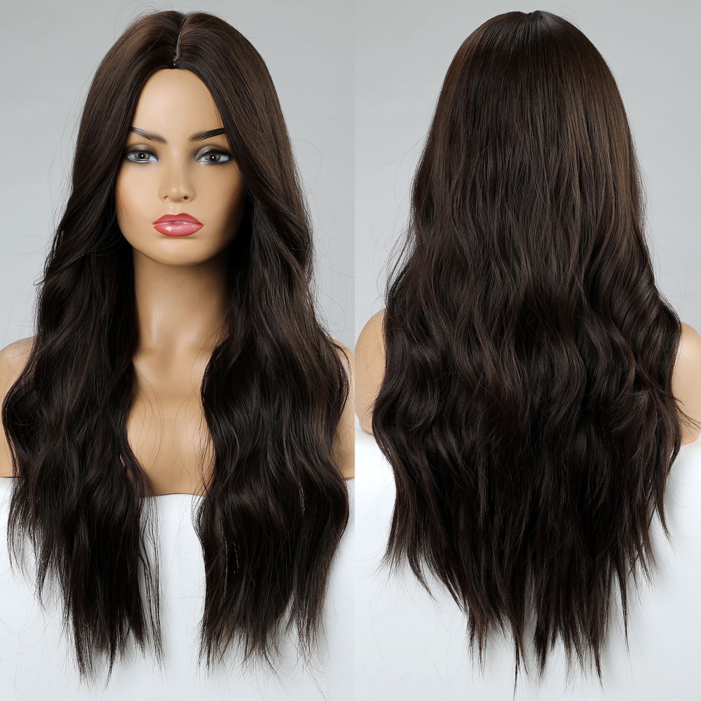 24 Inches Long Wavy Black Brown Wigs Cosplay  Party Wig for Black Women  High Temperature Fiber Synthetic Hair Wigs
