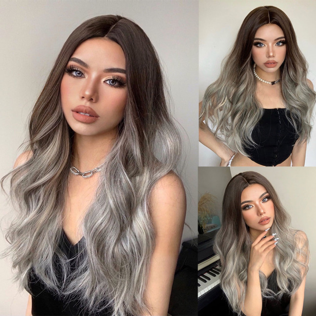 24 Inches Long Wavy Black Brown Wigs Cosplay  Party Wig for Black Women  High Temperature Fiber Synthetic Hair Wigs