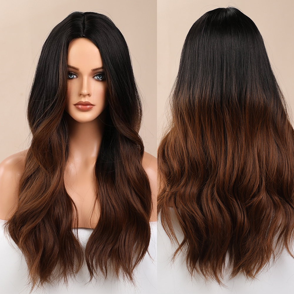 24 Inches Long Wavy Black Brown Wigs Cosplay  Party Wig for Black Women  High Temperature Fiber Synthetic Hair Wigs