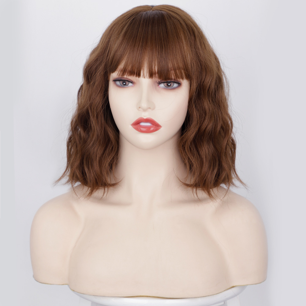 Natural  Color Wave  Bob Wig with Bangs Short Wavy Wine Red Color Wigs for Women Bob Style Synthetic Heat Resistant Bob Wigs
