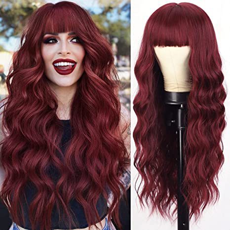 Synthetic 26 inch Long Wigs with Bangs for Women Curly Wavy Hair Wigs Heat Resistant Fiber Wigs for Daily Party Use