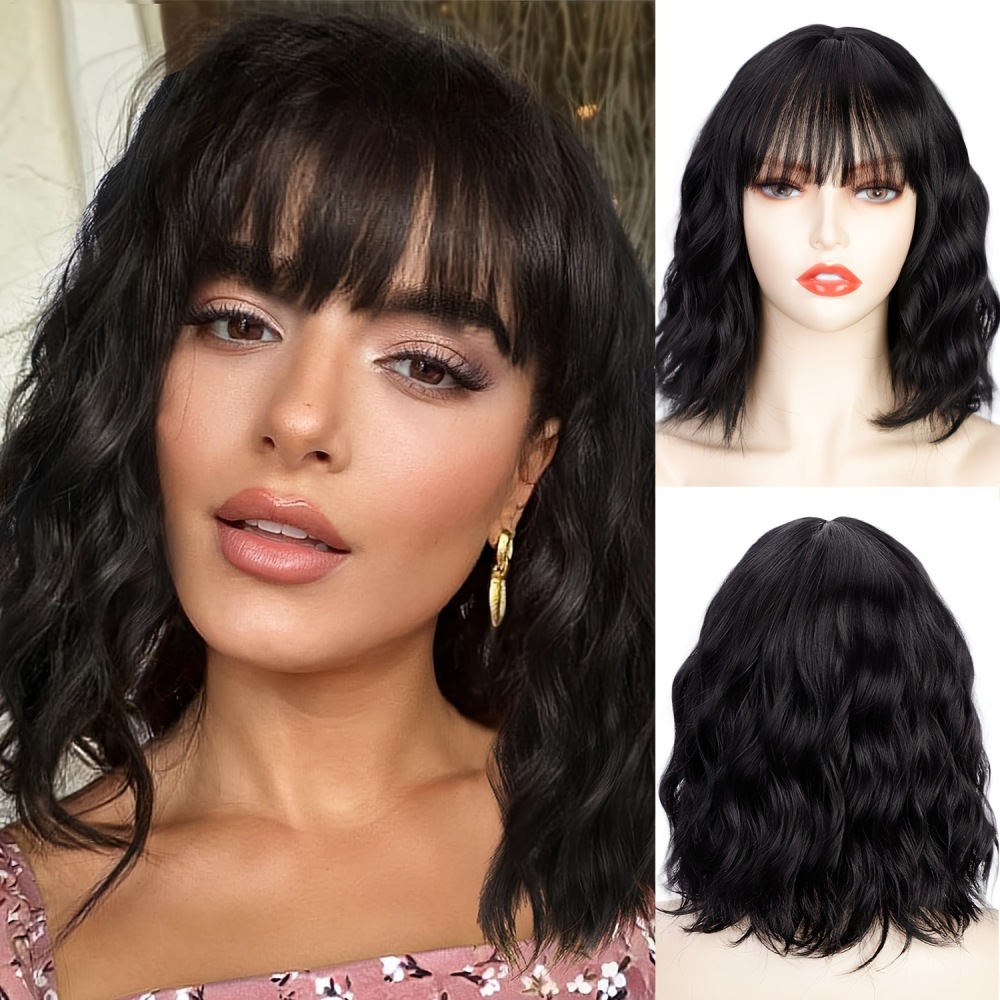 Natural  Color Wave  Bob Wig with Bangs Short Wavy Wine Red Color Wigs for Women Bob Style Synthetic Heat Resistant Bob Wigs