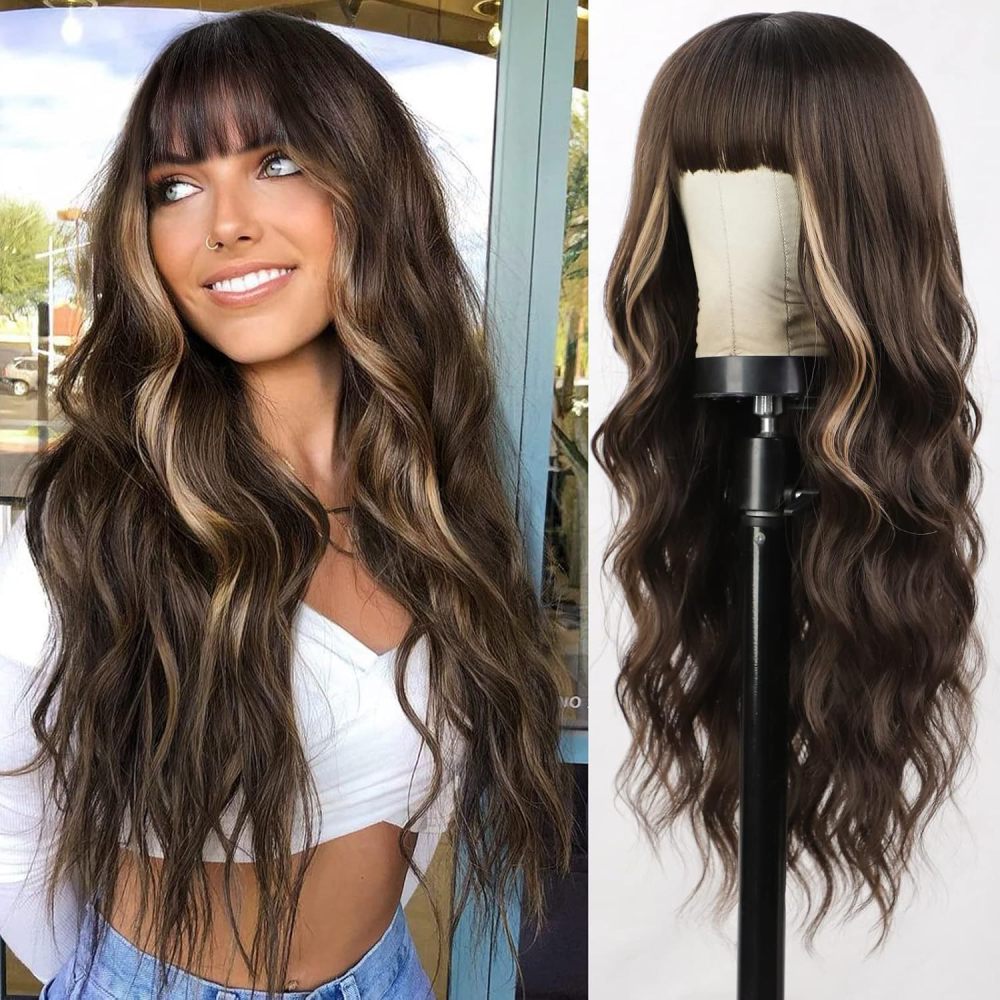 Synthetic 26 inch Long Wigs with Bangs for Women Curly Wavy Hair Wigs Heat Resistant Fiber Wigs for Daily Party Use