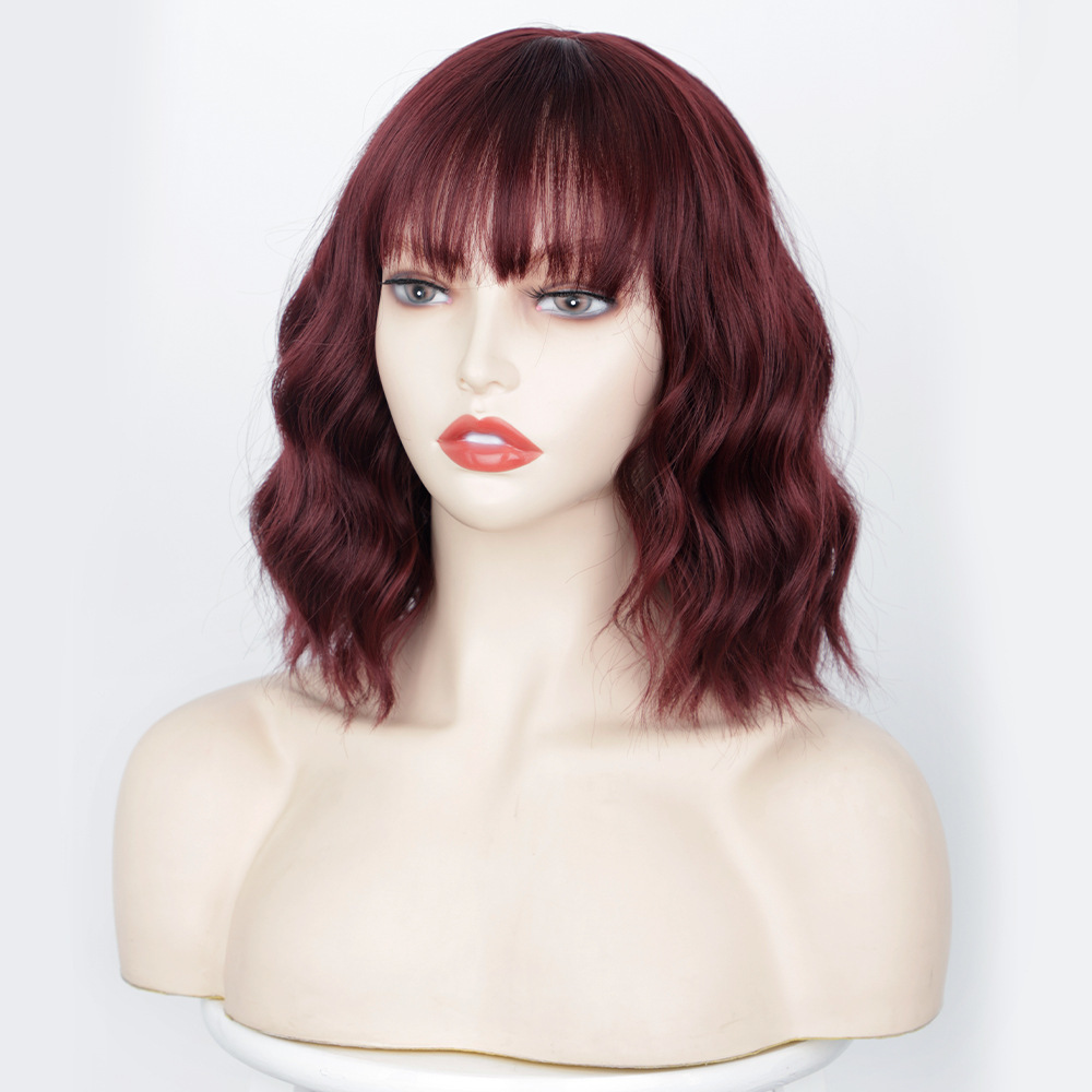 Natural  Color Wave  Bob Wig with Bangs Short Wavy Wine Red Color Wigs for Women Bob Style Synthetic Heat Resistant Bob Wigs
