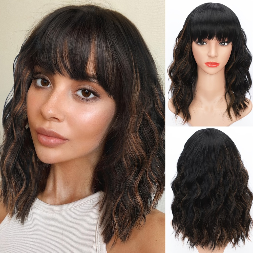 Natural  Color Wave  Bob Wig with Bangs Short Wavy Wine Red Color Wigs for Women Bob Style Synthetic Heat Resistant Bob Wigs