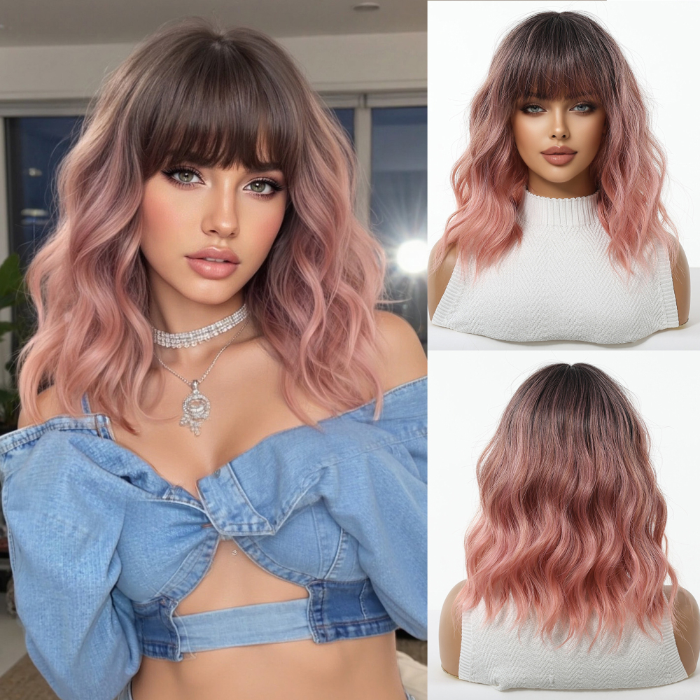 Shor wave Synthetic Natural  Wig with Bangs for Women Party Daily Cosplay Use Heat Resistant Fiber Wigs