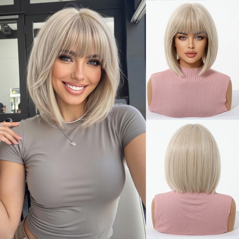 Shor wave Synthetic Natural  Wig with Bangs for Women Party Daily Cosplay Use Heat Resistant Fiber Wigs